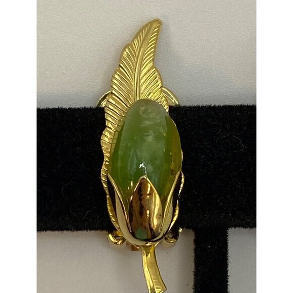 Vintage Leru Green Cabochon Gold-Tone Clip-On Earrings J0260 - Picture 4 of 11